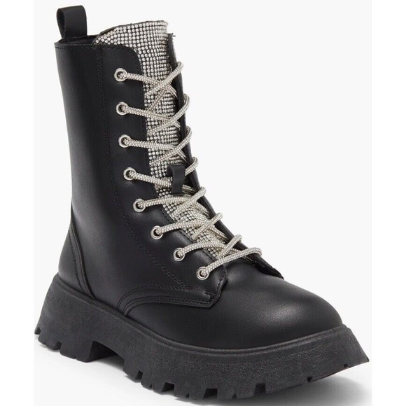 Wild Diva Shoes - Wild Diva Black Rhinestone Lace Up Platform Combat Ankle Boots New With Defect
